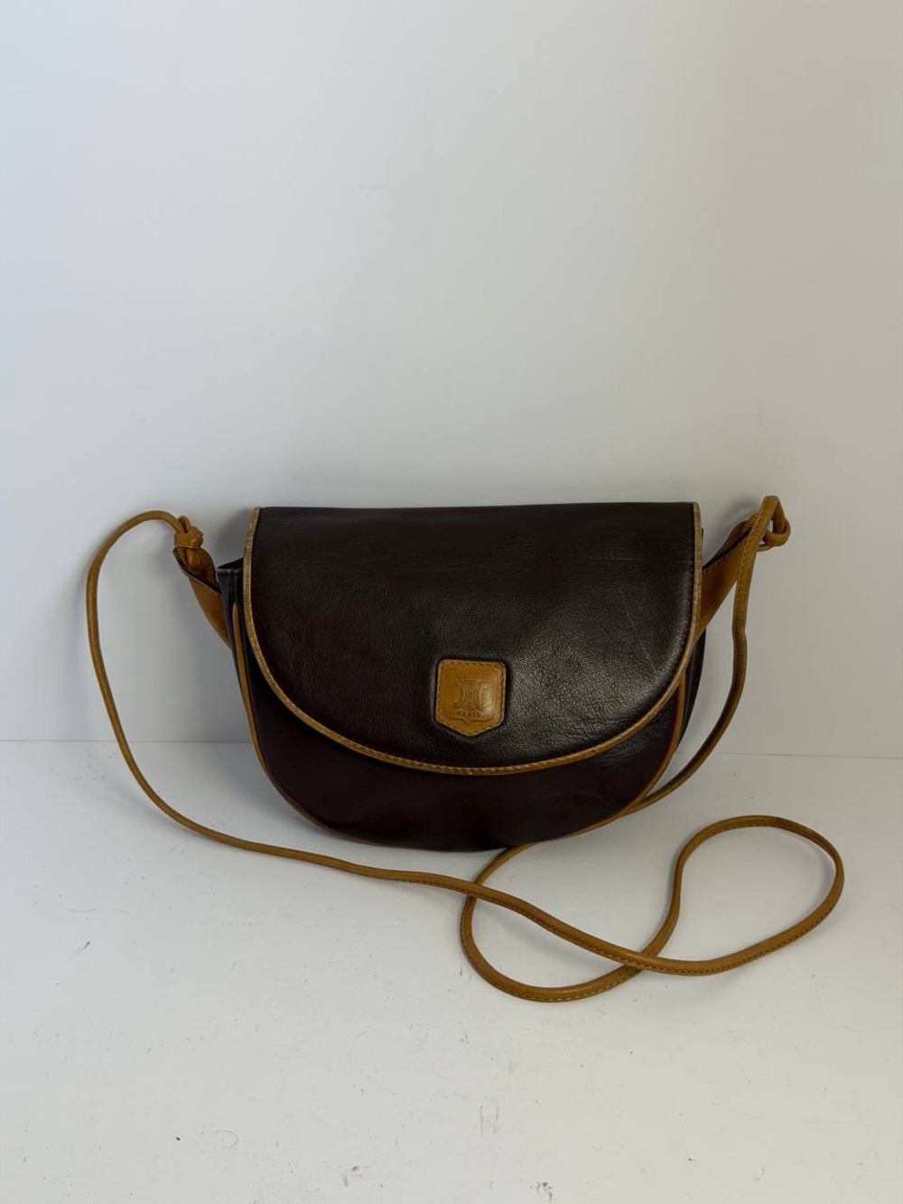 Vintage Celine Triomphe Logo Chocolate Brown Leather Crossbody Bag